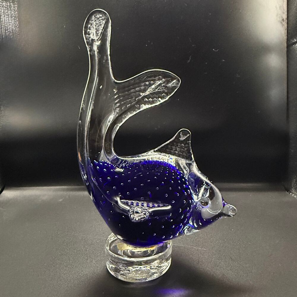 Art Glass Tropical Fish Sculpture Purple Blue Controlled Bubbles Clear Fins 7"